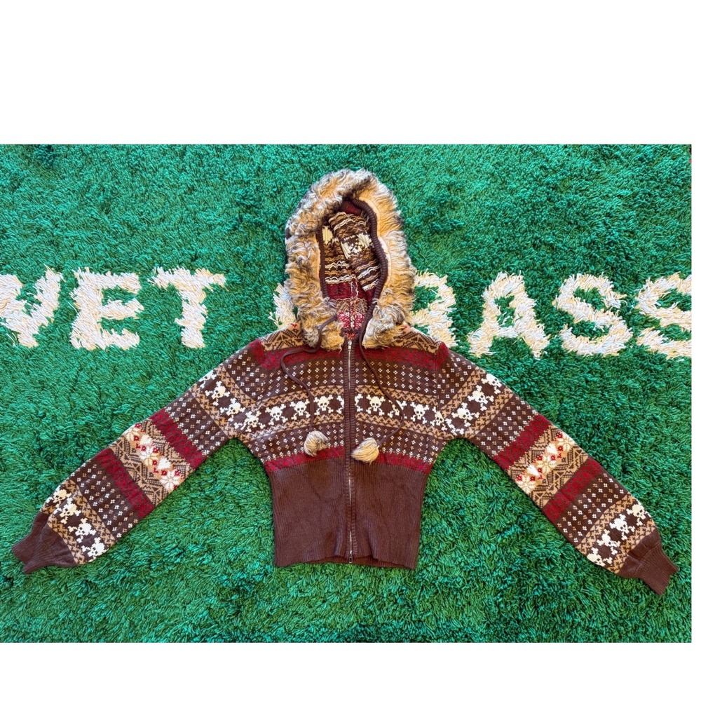 Romwe Skull Fair Isle Hoodie Women XS Brown Excellent Faux Fur Trim Cropped‎ Zip